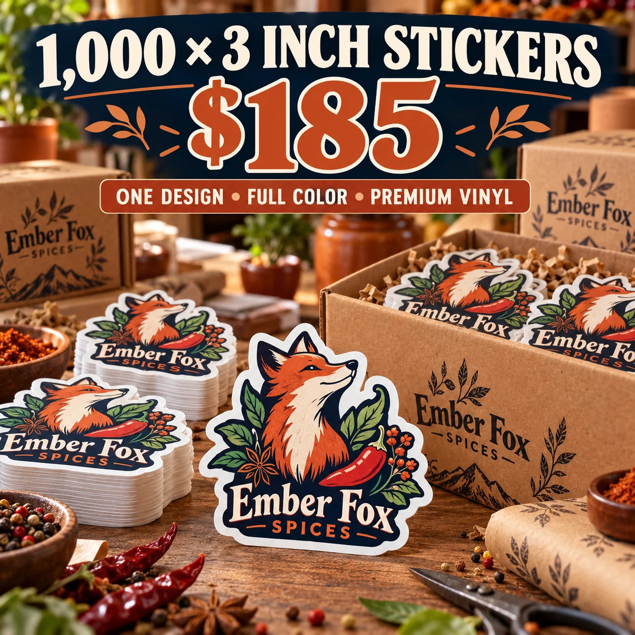 Ember Fox Spices fictional example: 1000 custom 3 inch stickers for $185