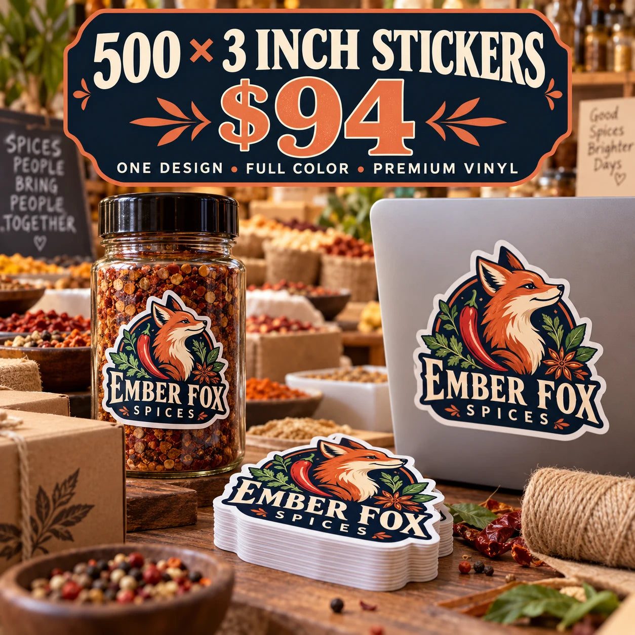 Ember Fox Spices fictional example: 500 custom 3 inch stickers for $94