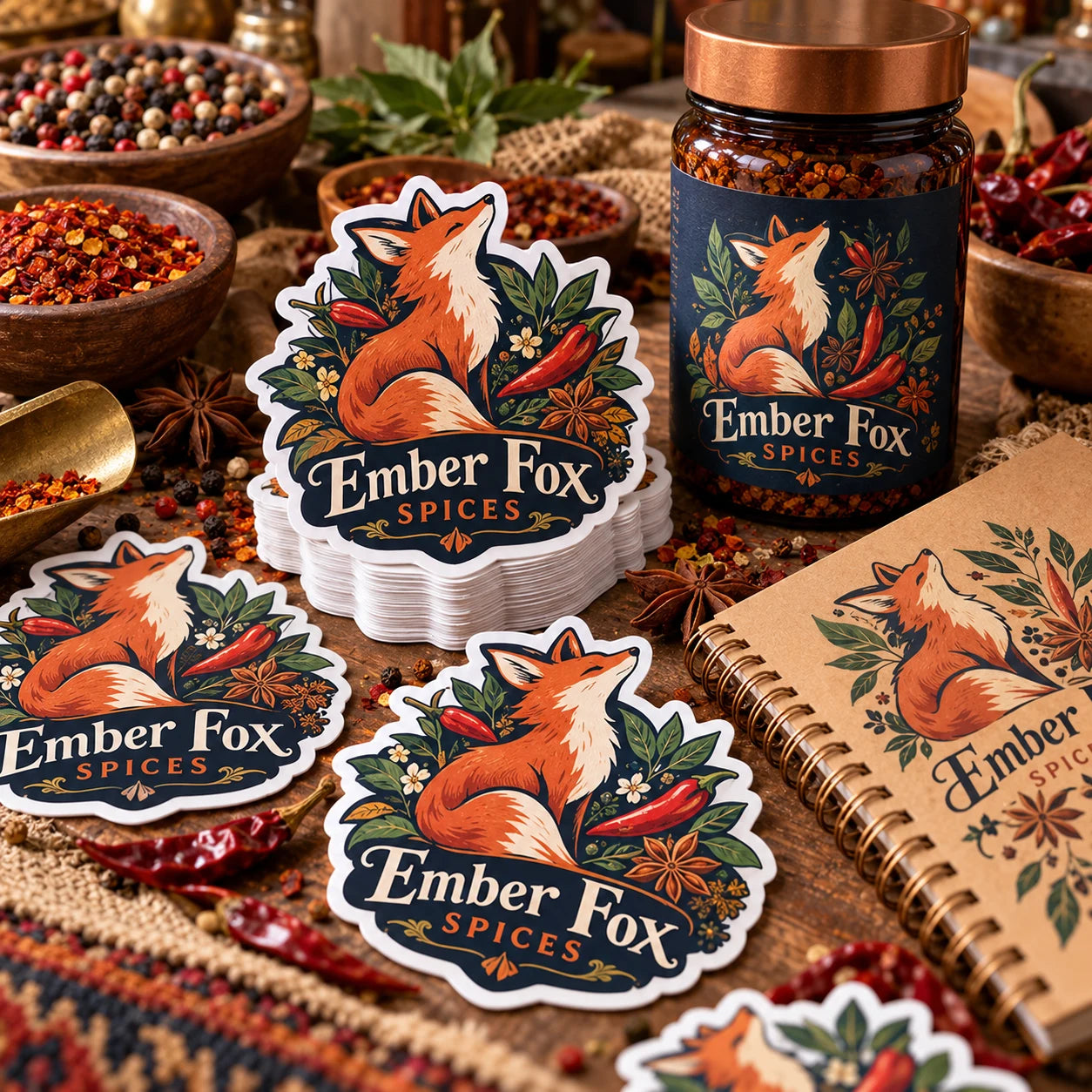 Ember Fox Spices fictional example storefront with custom lettering and stickers