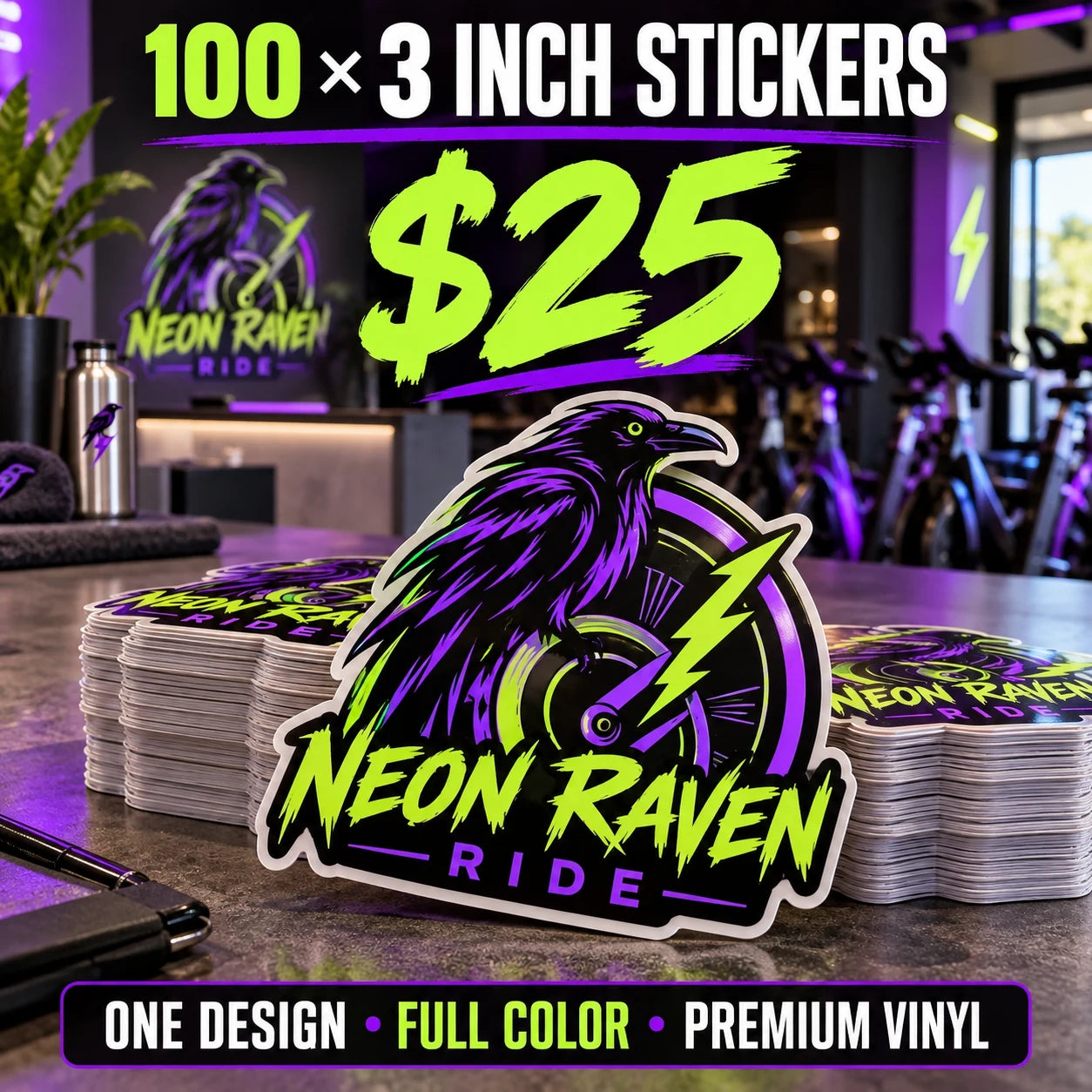 Neon Raven Ride fictional example: 100 custom 3 inch stickers for $25