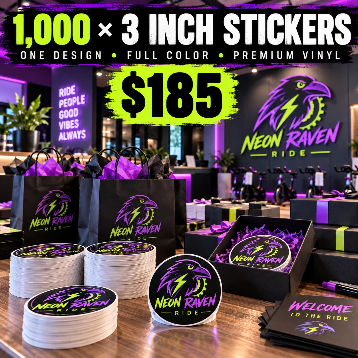 Neon Raven Ride fictional example: 1000 custom 3 inch stickers for $185