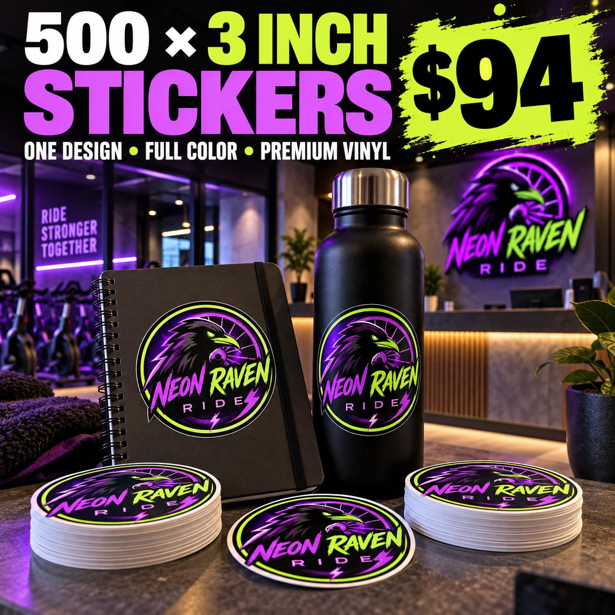 Neon Raven Ride fictional example: 500 custom 3 inch stickers for $94