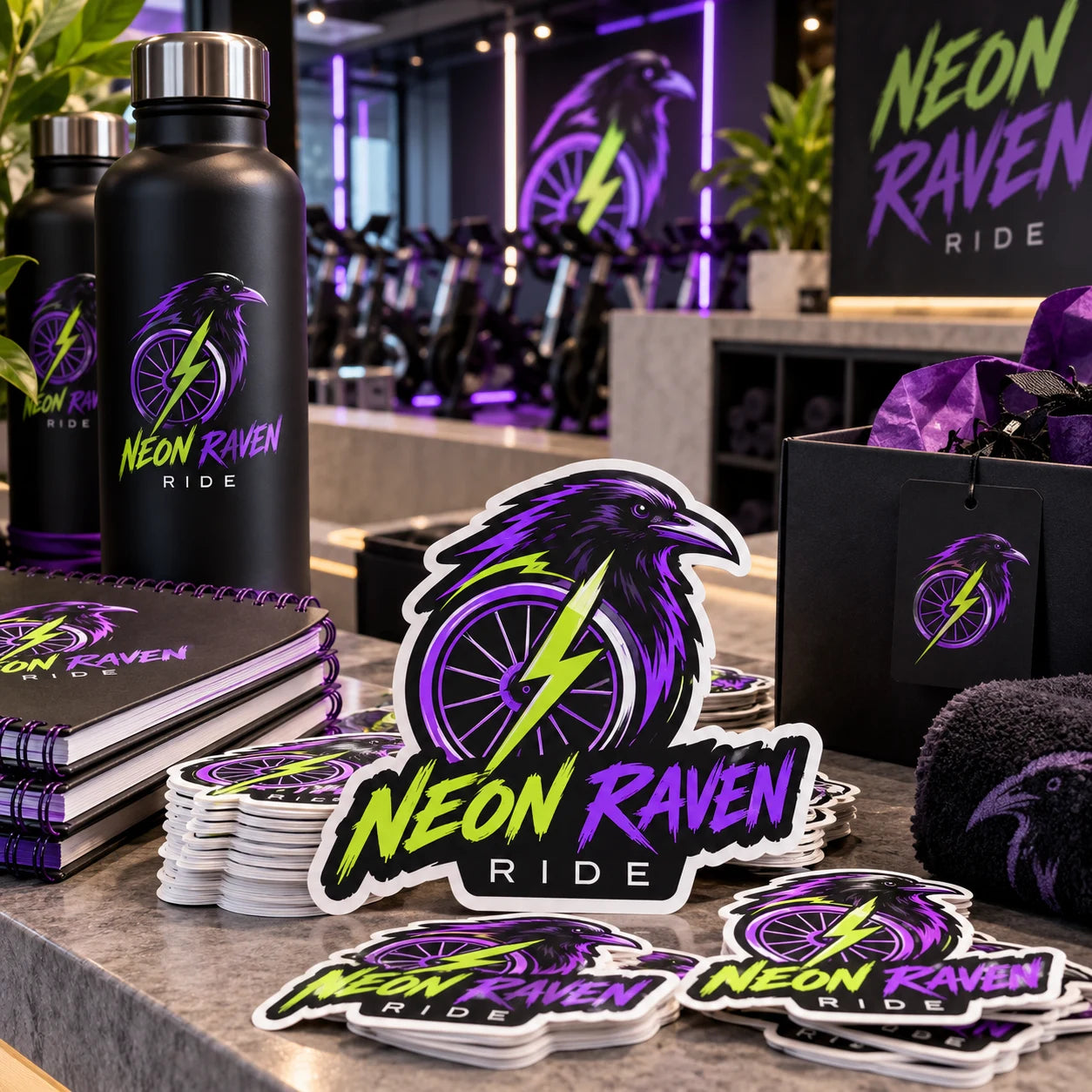 Neon Raven Ride fictional example storefront with custom lettering and stickers