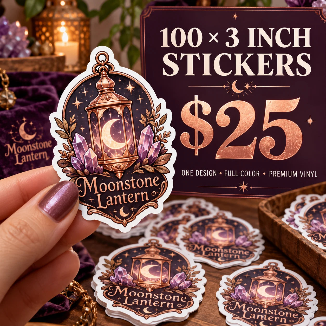 Moonstone Lantern fictional example: 100 custom 3 inch stickers for $25