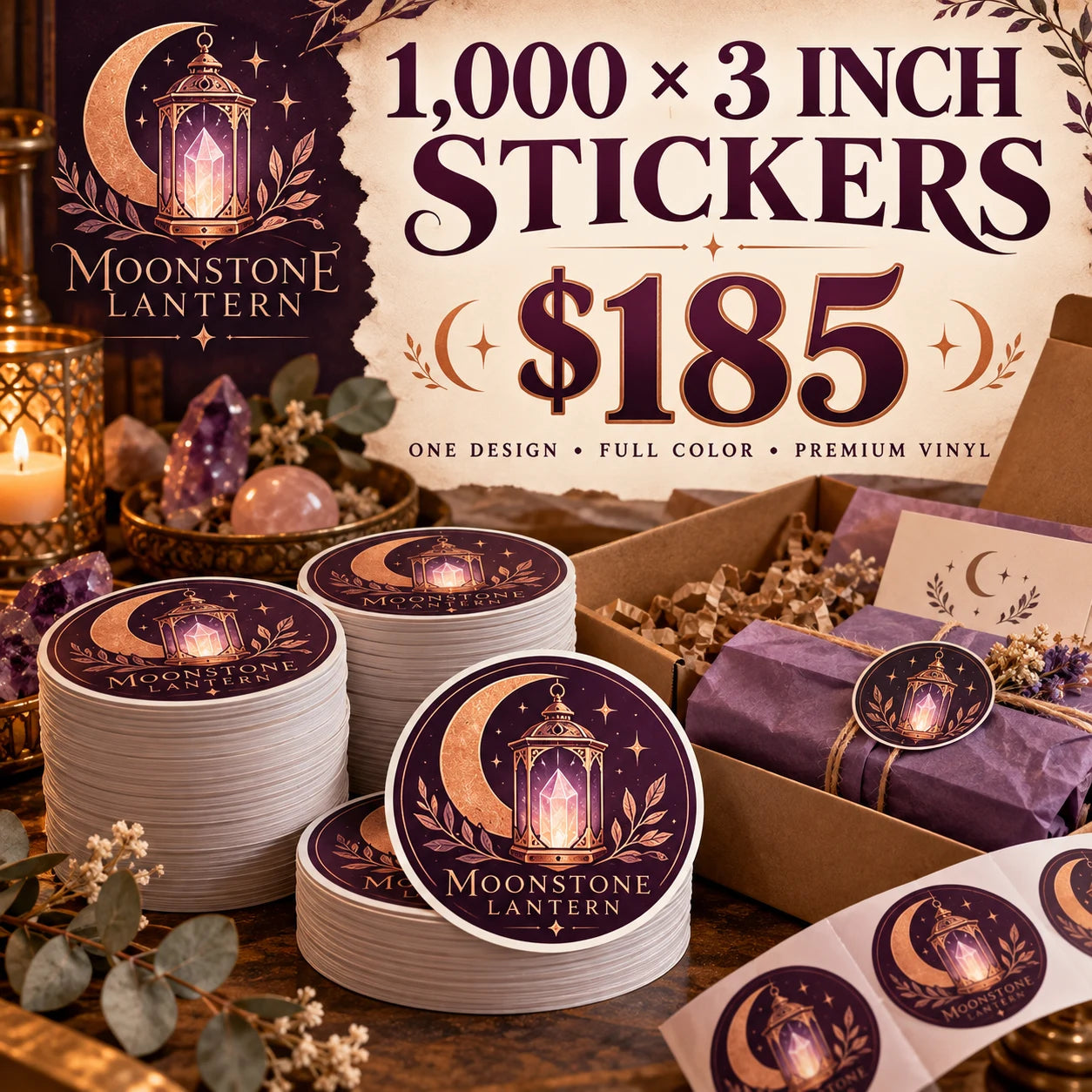 Moonstone Lantern fictional example: 1000 custom 3 inch stickers for $185