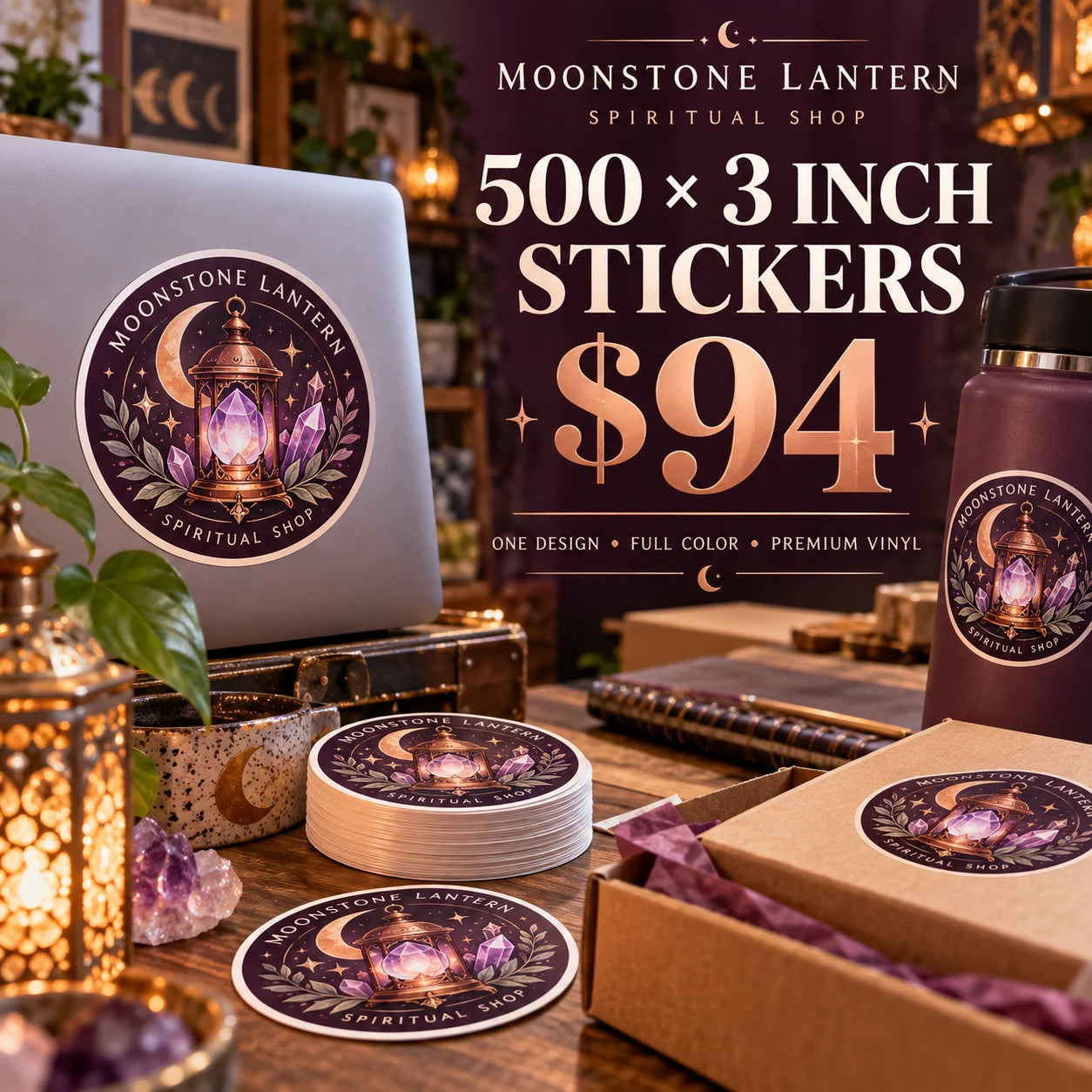 Moonstone Lantern fictional example: 500 custom 3 inch stickers for $94