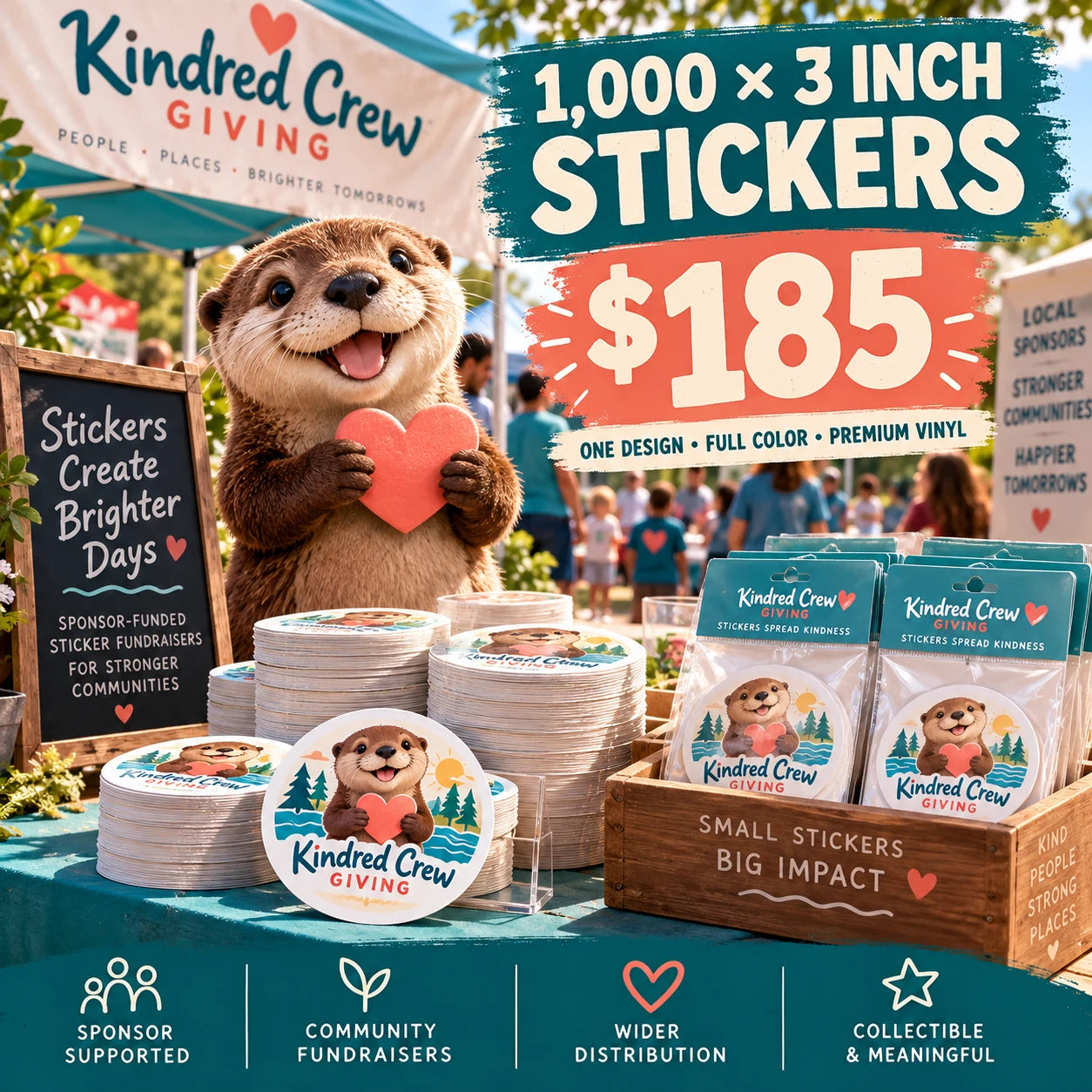 Kindred Crew Giving fictional example: 1000 custom 3 inch stickers for $185