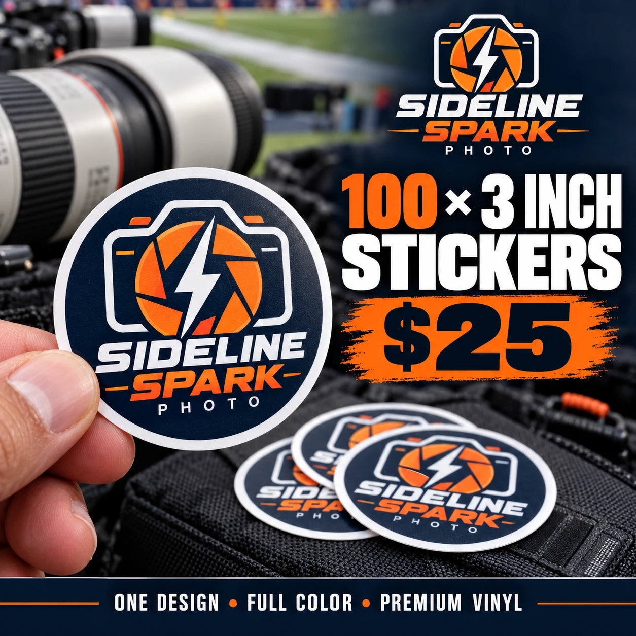 Sideline Spark Photo fictional example: 100 custom 3 inch stickers for $25