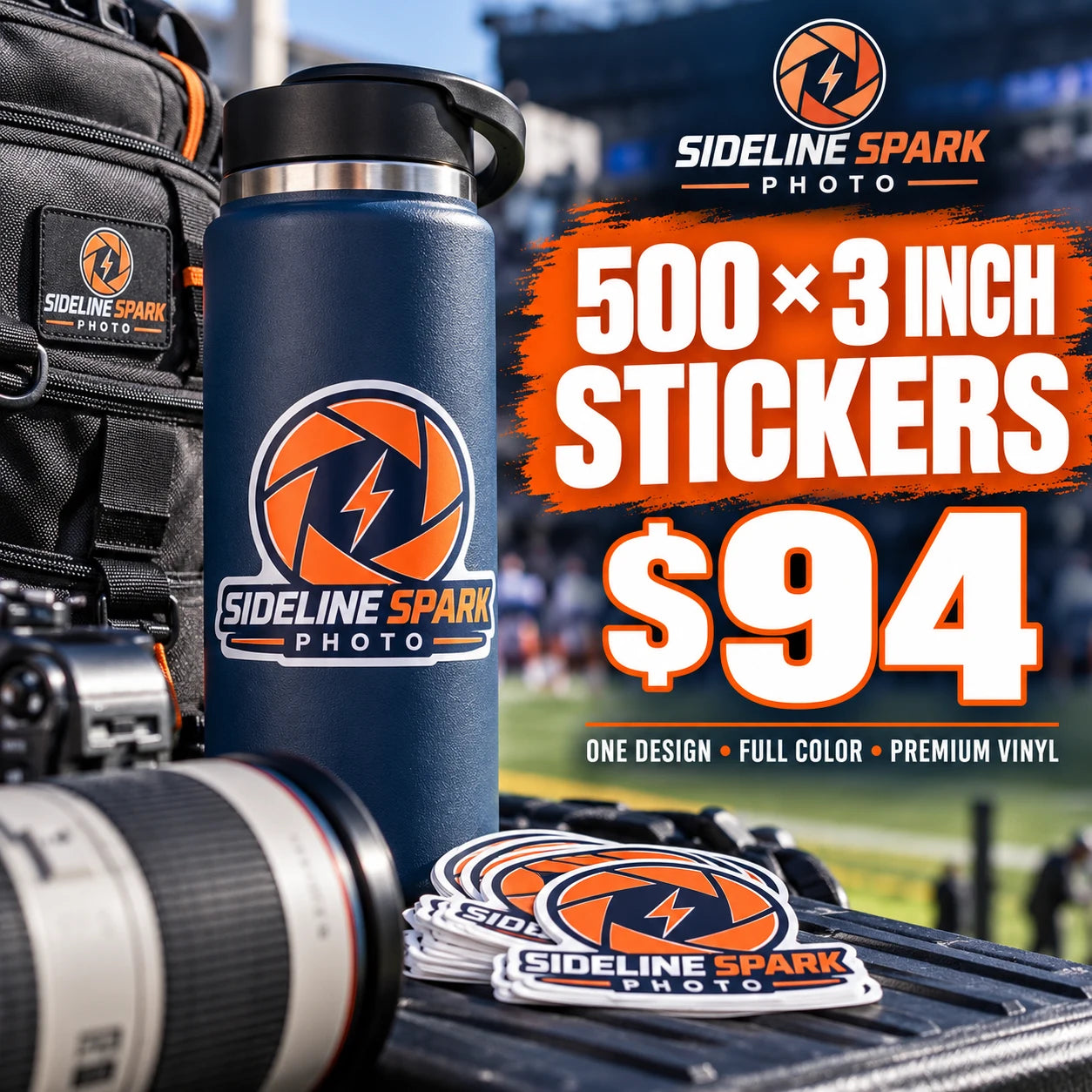 Sideline Spark Photo fictional example: 500 custom 3 inch stickers for $94