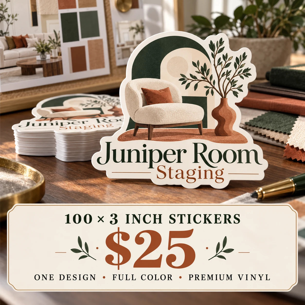 Juniper Room Staging fictional example: 100 custom 3 inch stickers for $25