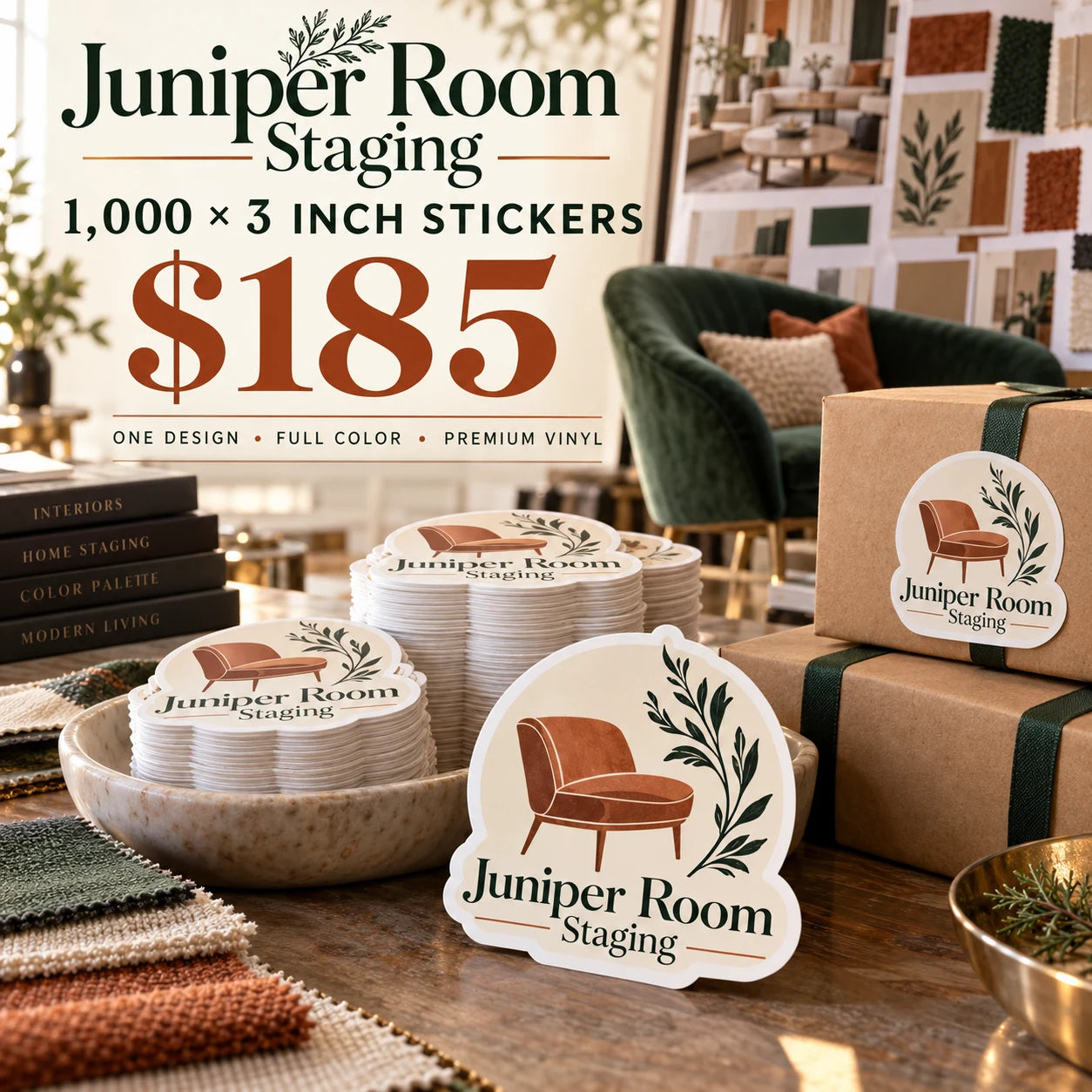 Juniper Room Staging fictional packaging and sticker ideas