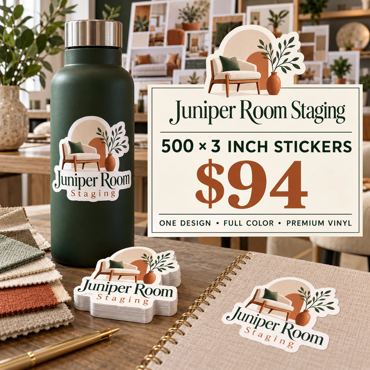 Juniper Room Staging fictional example: 500 custom 3 inch stickers for $94