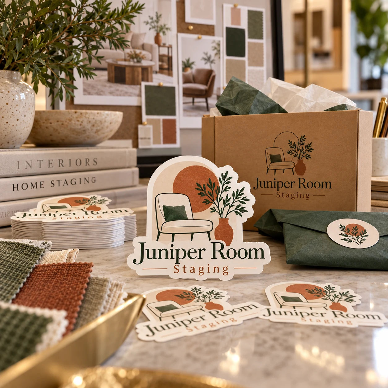 Juniper Room Staging fictional example storefront with custom lettering and stickers