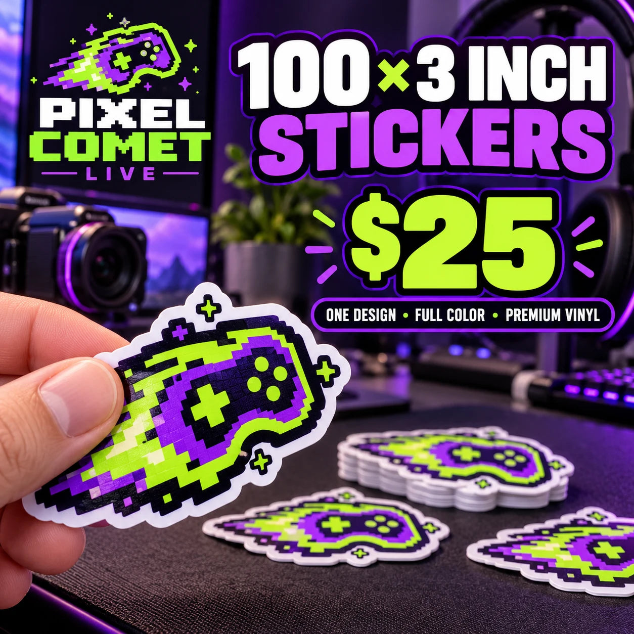 Pixel Comet Live fictional example: 100 custom 3 inch stickers for $25