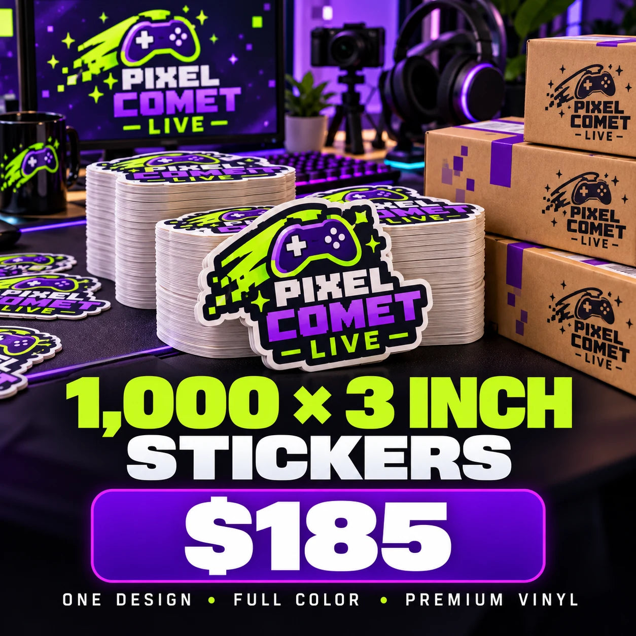 Pixel Comet Live fictional example: 1000 custom 3 inch stickers for $185