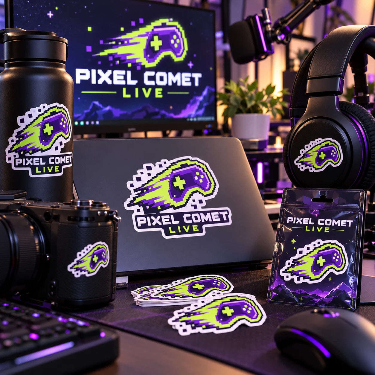 Pixel Comet Live fictional example storefront with custom lettering and stickers