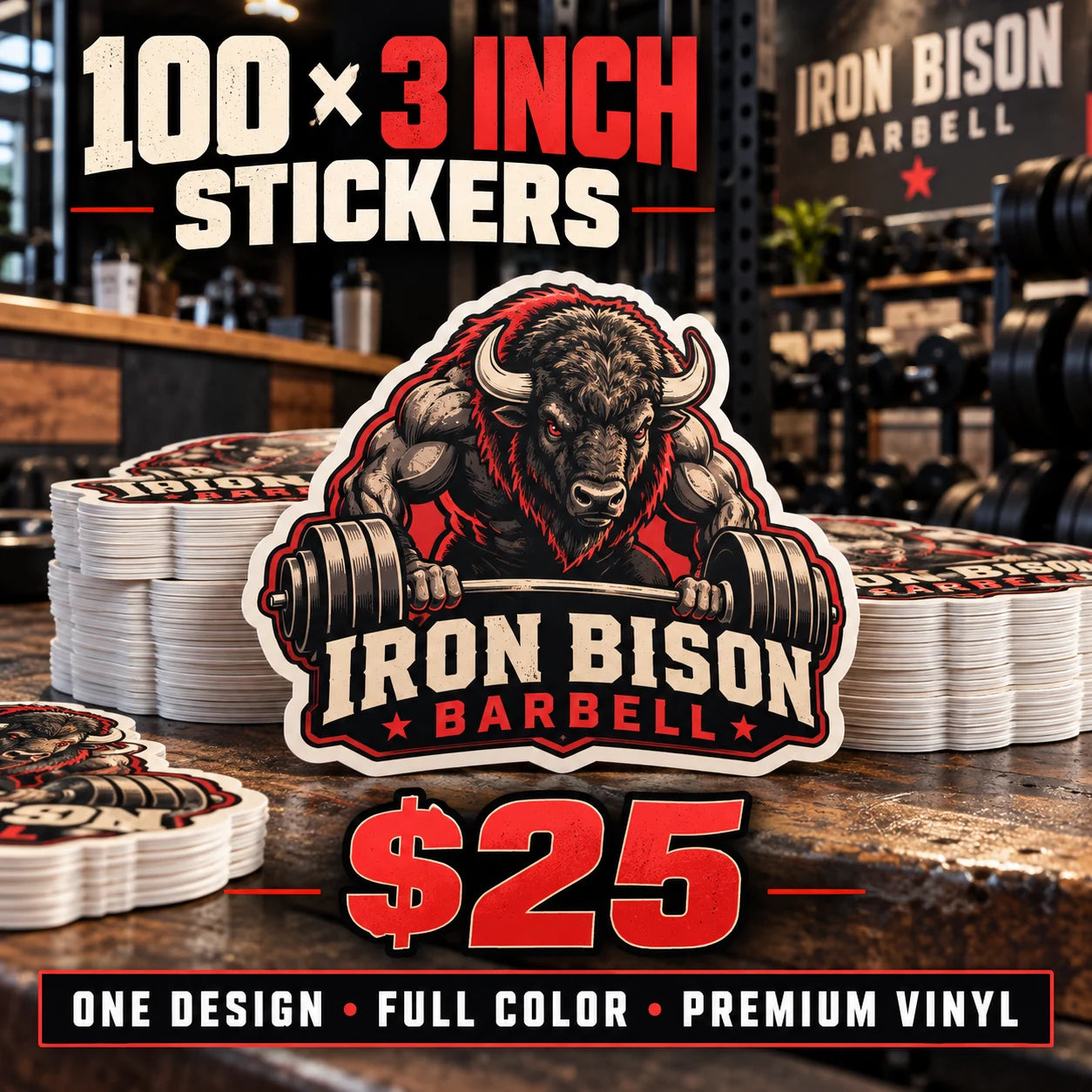 Iron Bison Barbell fictional example: 100 custom 3 inch stickers for $25