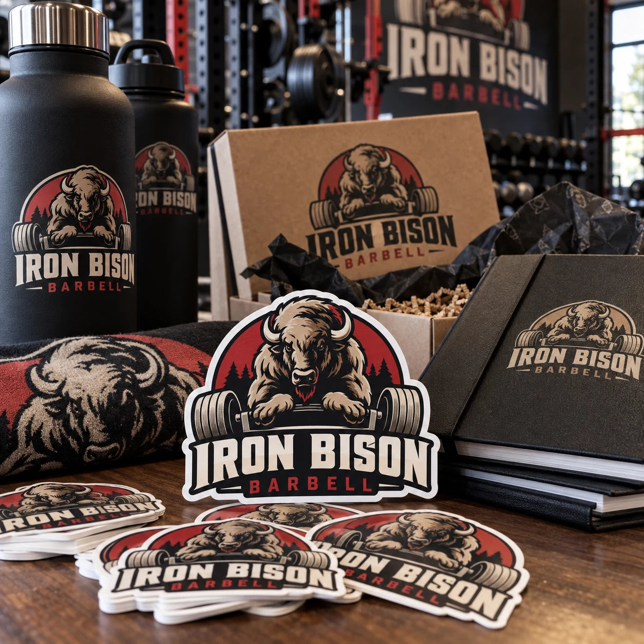 Iron Bison Barbell fictional example storefront with custom lettering and stickers