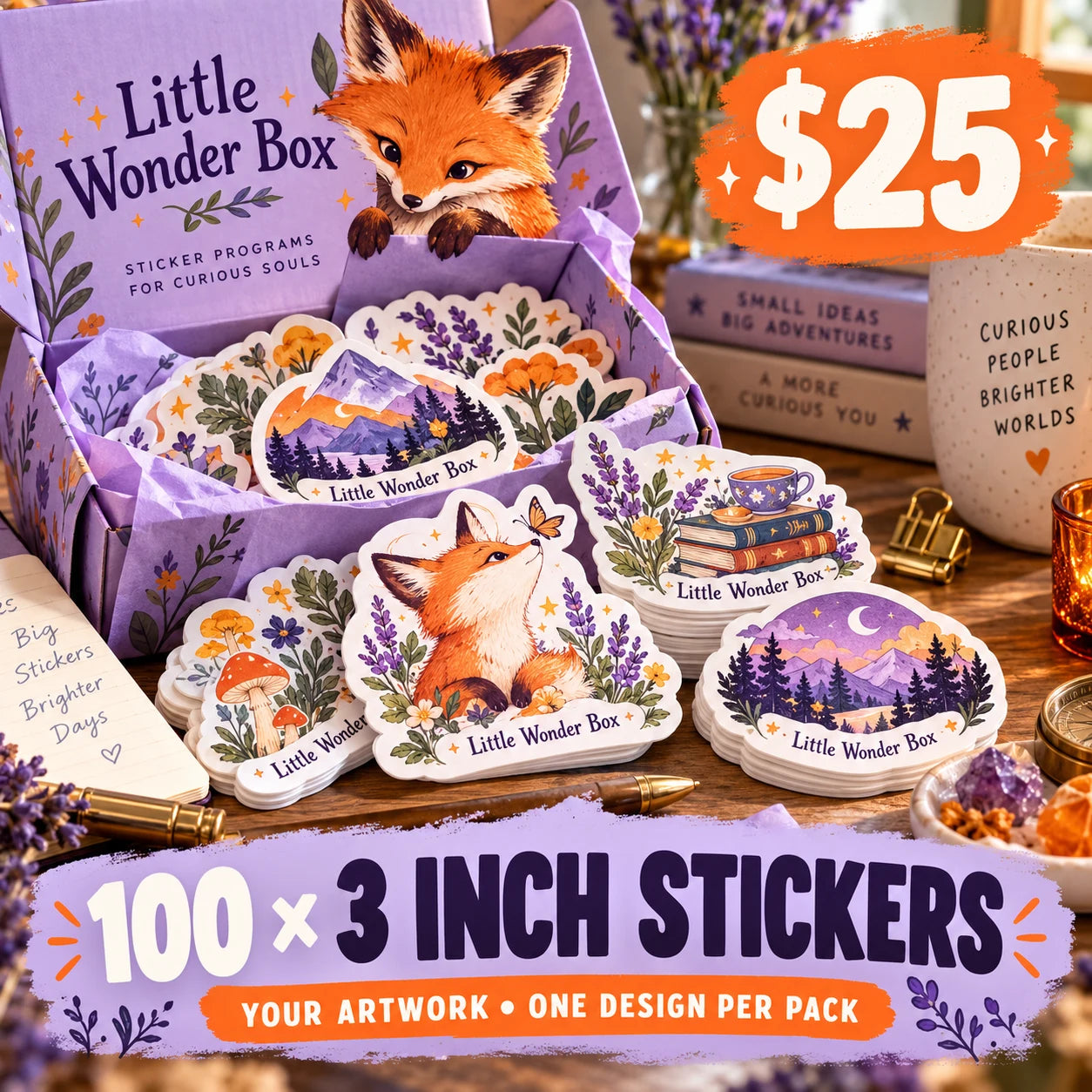 Little Wonder Box fictional example: 100 custom 3 inch stickers for $25