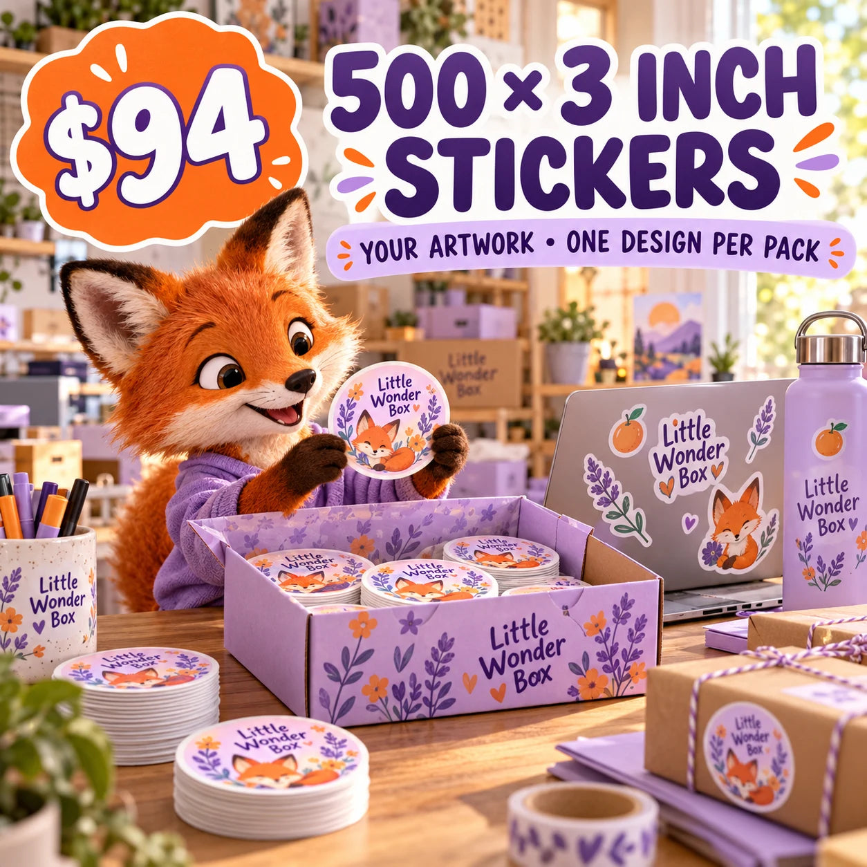 Little Wonder Box fictional example: 500 custom 3 inch stickers for $94
