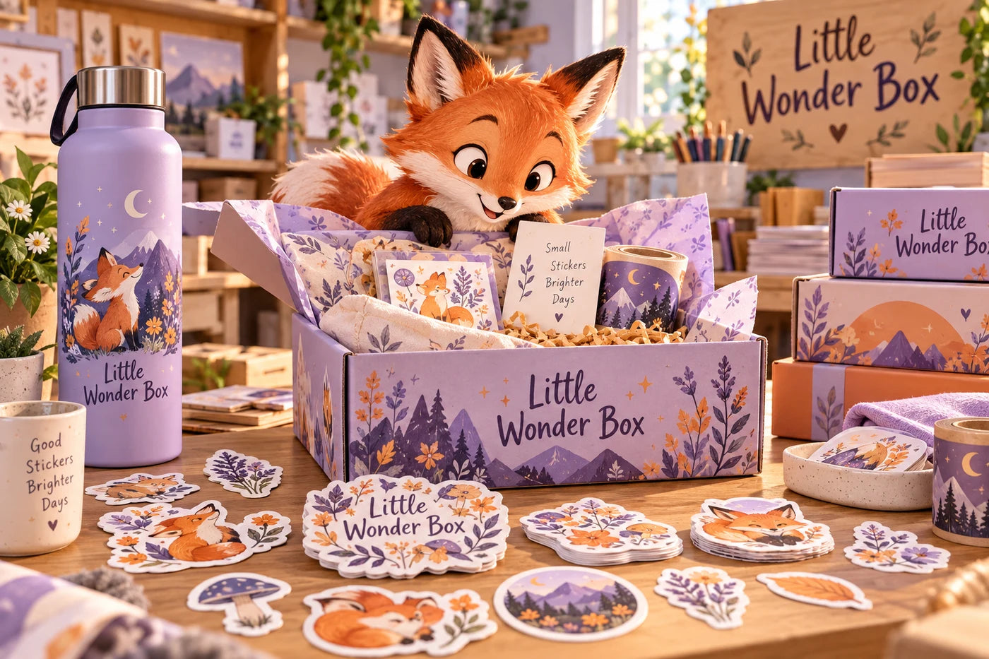 Little Wonder Box fictional example storefront with custom lettering and stickers