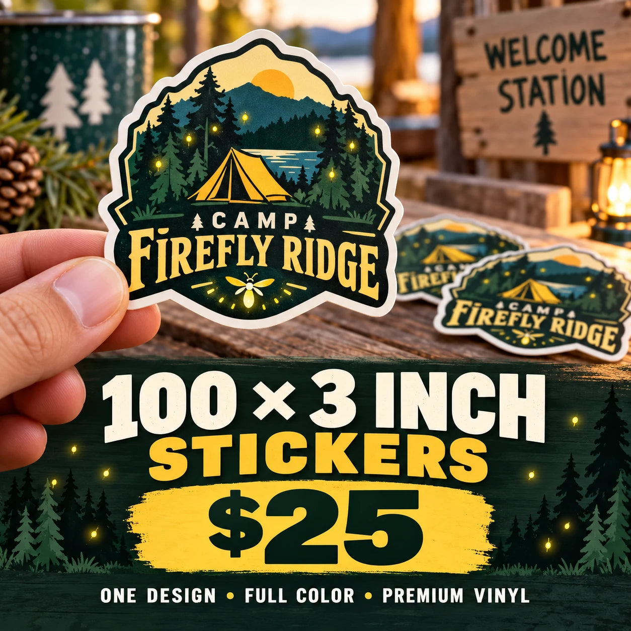 Camp Firefly Ridge fictional example: 100 custom 3 inch stickers for $25