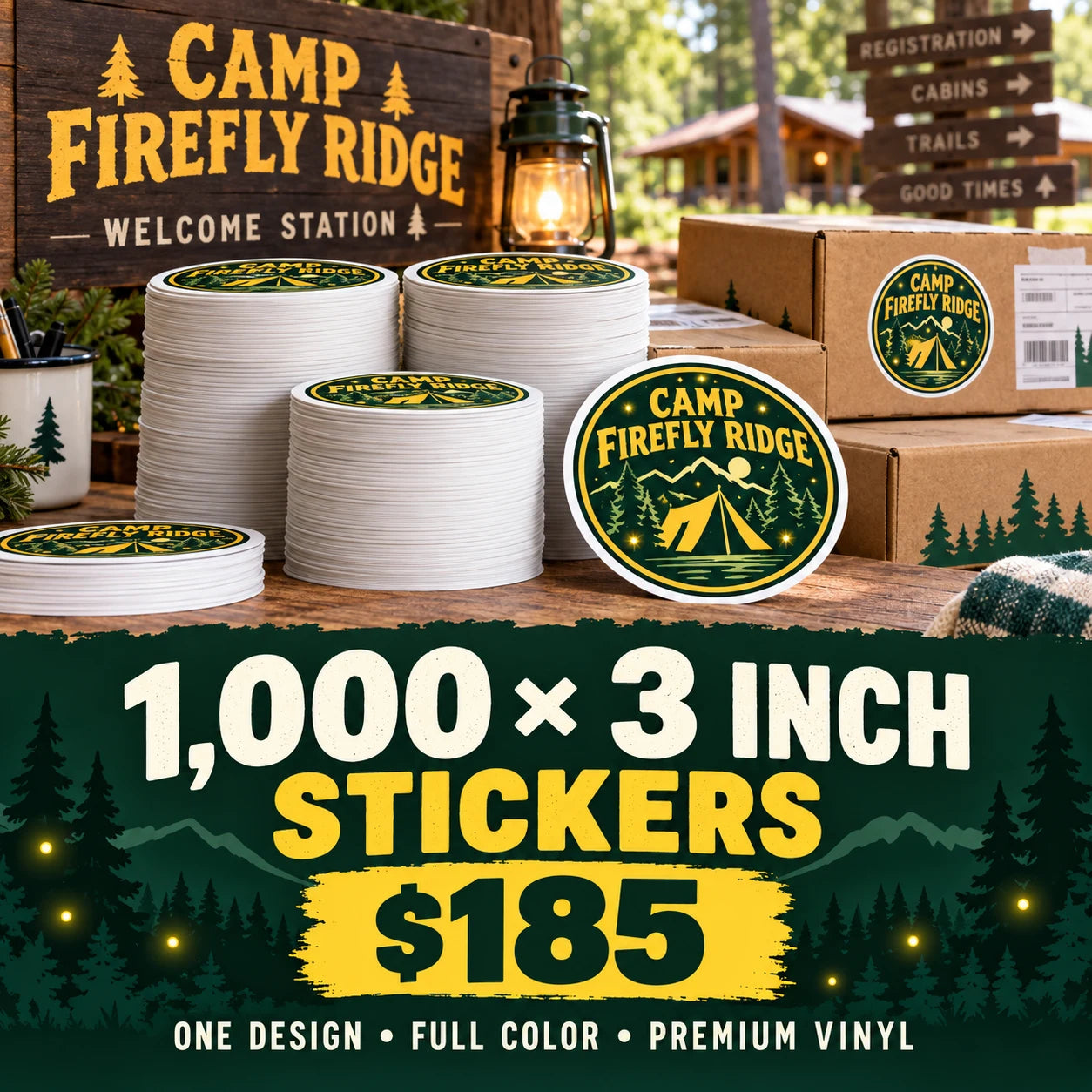 Camp Firefly Ridge fictional example: 1000 custom 3 inch stickers for $185