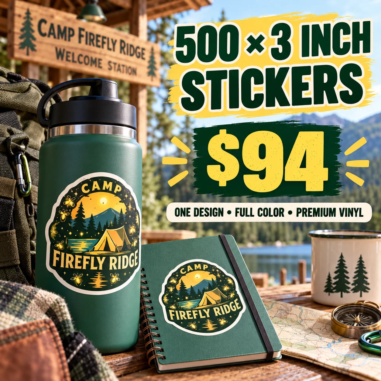 Camp Firefly Ridge fictional example: 500 custom 3 inch stickers for $94
