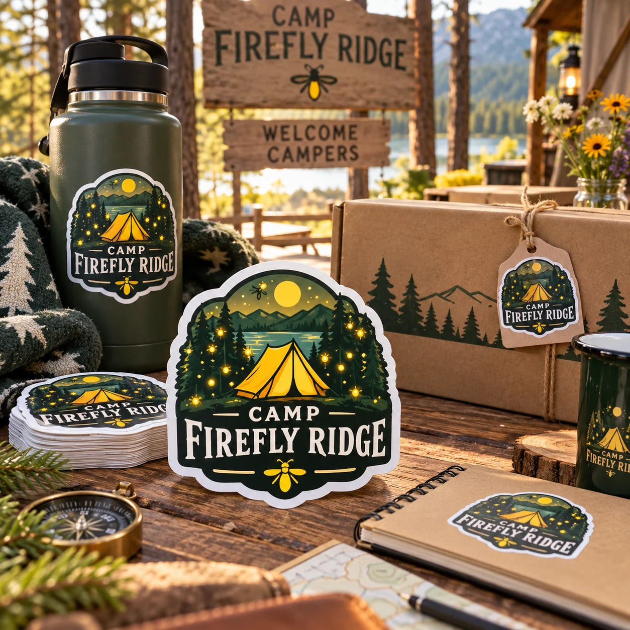Camp Firefly Ridge fictional example storefront with custom lettering and stickers