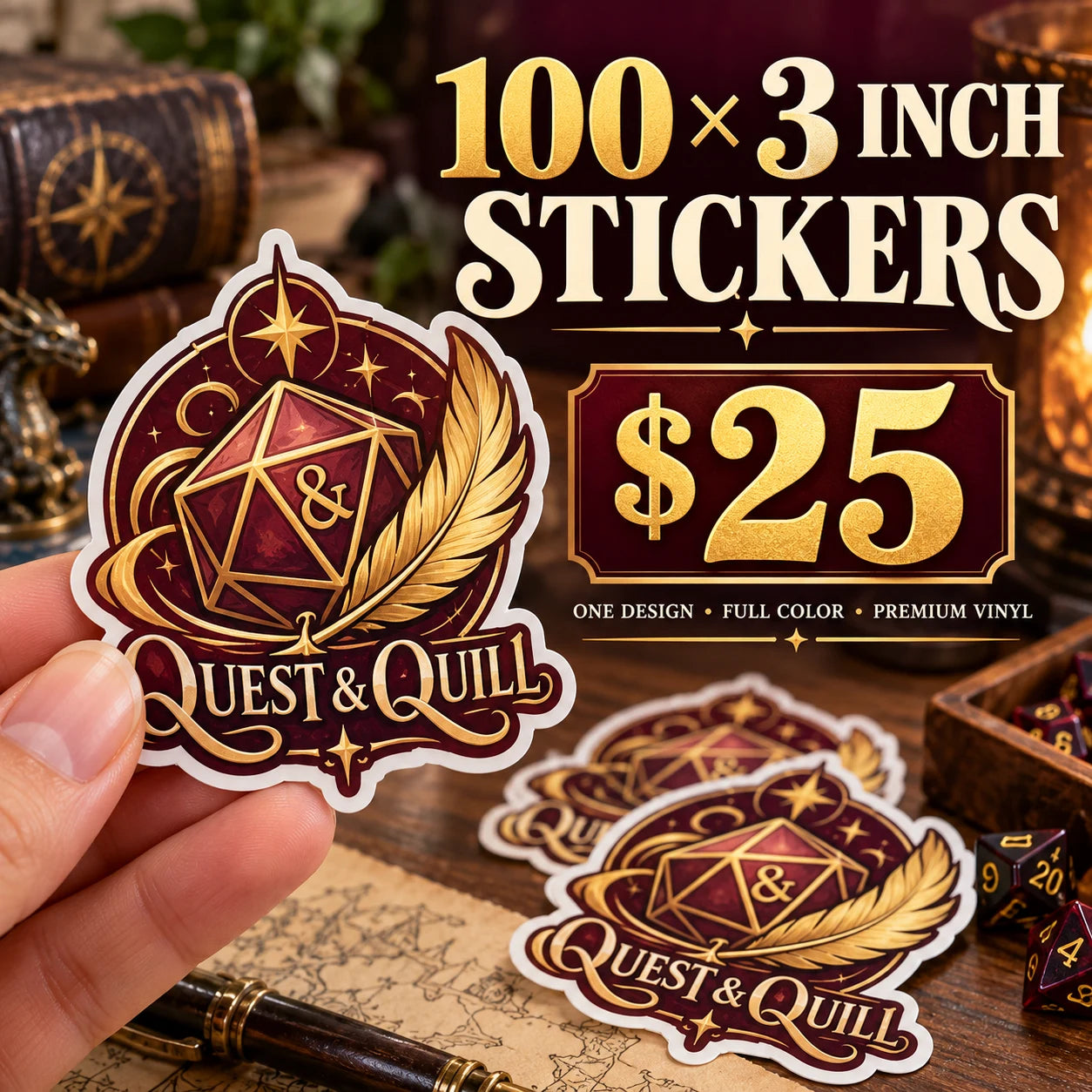 Quest & Quill fictional example: 100 custom 3 inch stickers for $25
