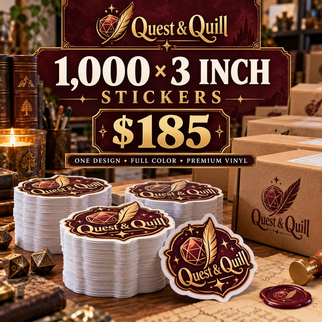 Quest & Quill fictional example: 1000 custom 3 inch stickers for $185