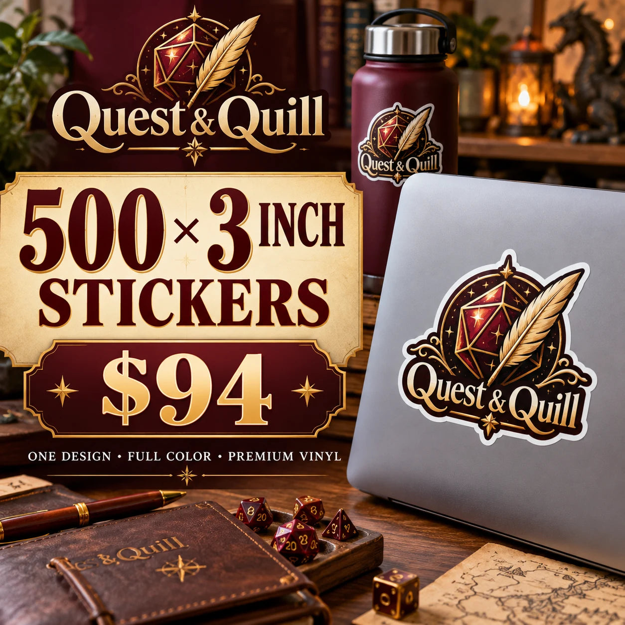 Quest & Quill fictional example: 500 custom 3 inch stickers for $94
