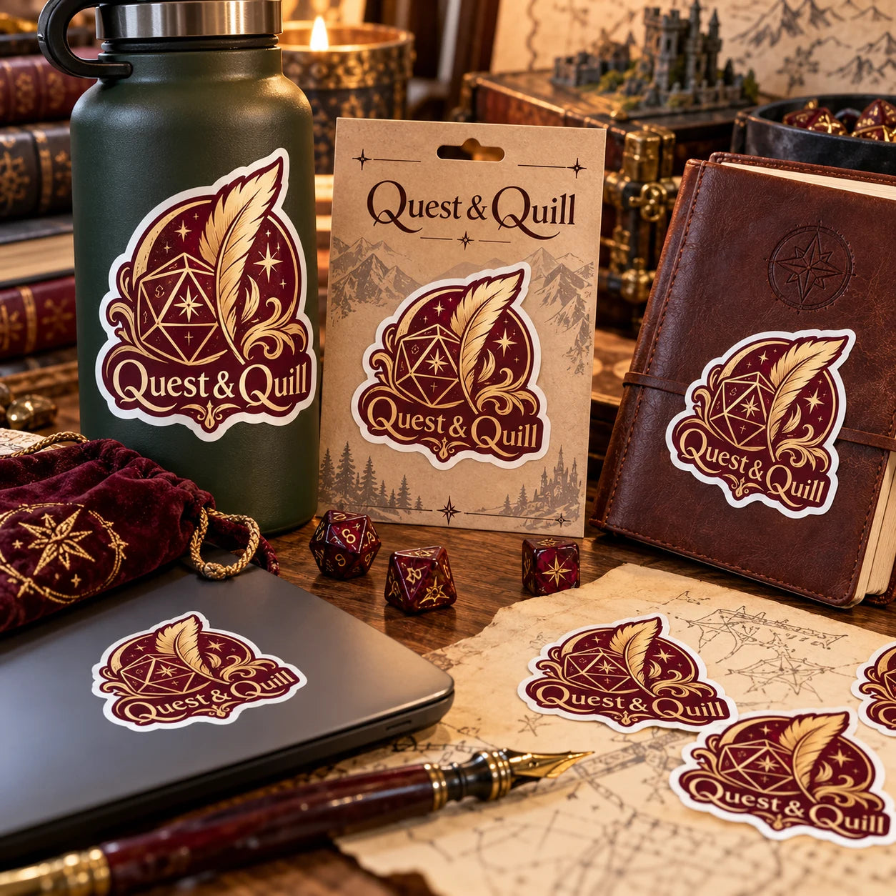 Quest & Quill fictional example storefront with custom lettering and stickers