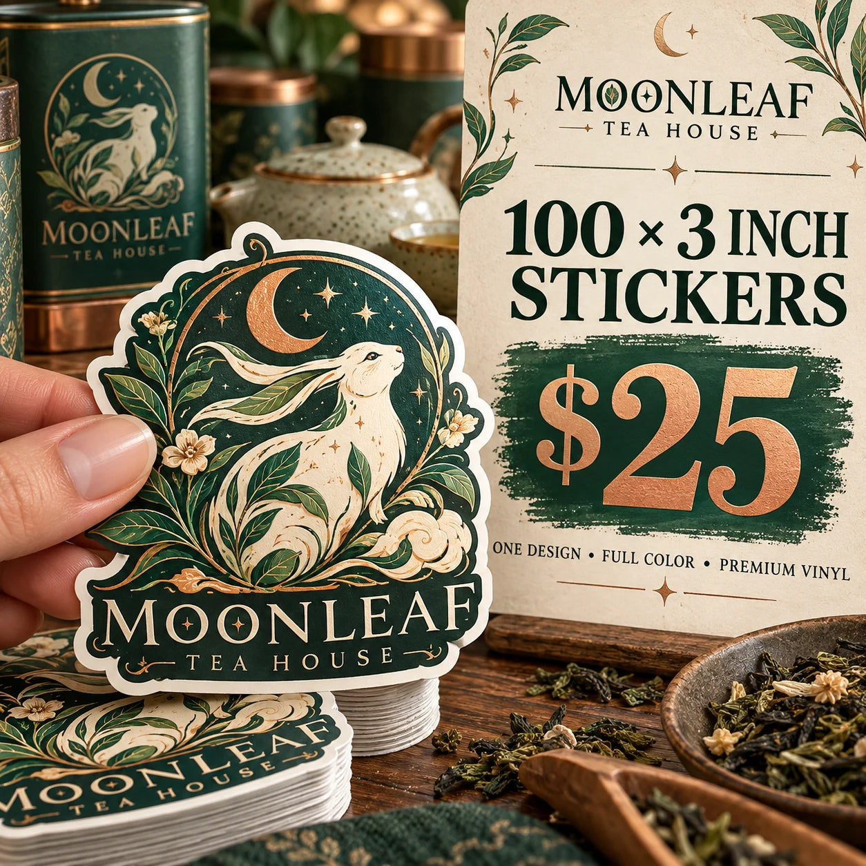 Moonleaf Tea House fictional example: 100 custom 3 inch stickers for $25