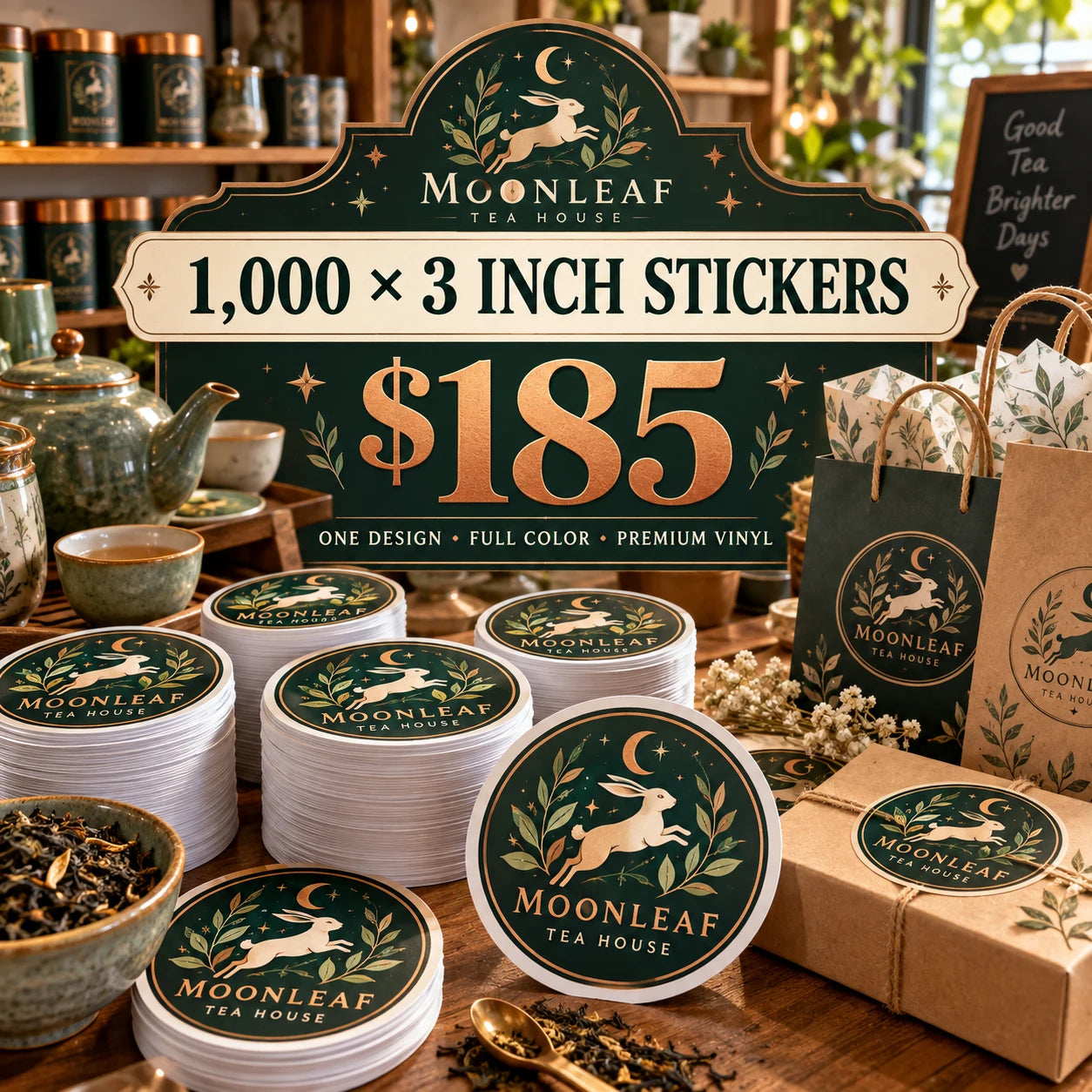 Moonleaf Tea House fictional packaging and sticker ideas