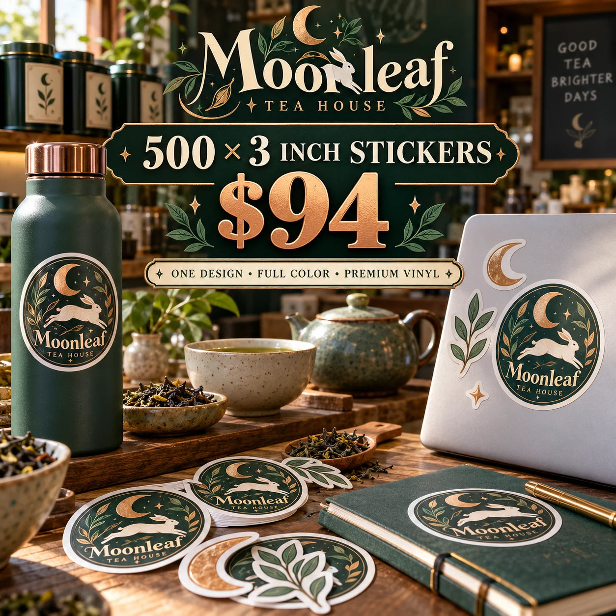 Moonleaf Tea House fictional example: 500 custom 3 inch stickers for $94