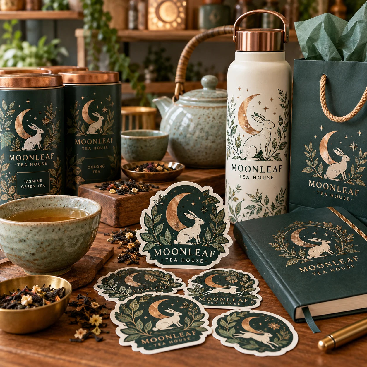 Moonleaf Tea House fictional example storefront with custom lettering and stickers
