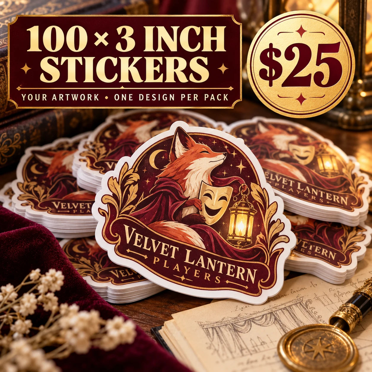 Velvet Lantern Players fictional example: 100 custom 3 inch stickers for $25