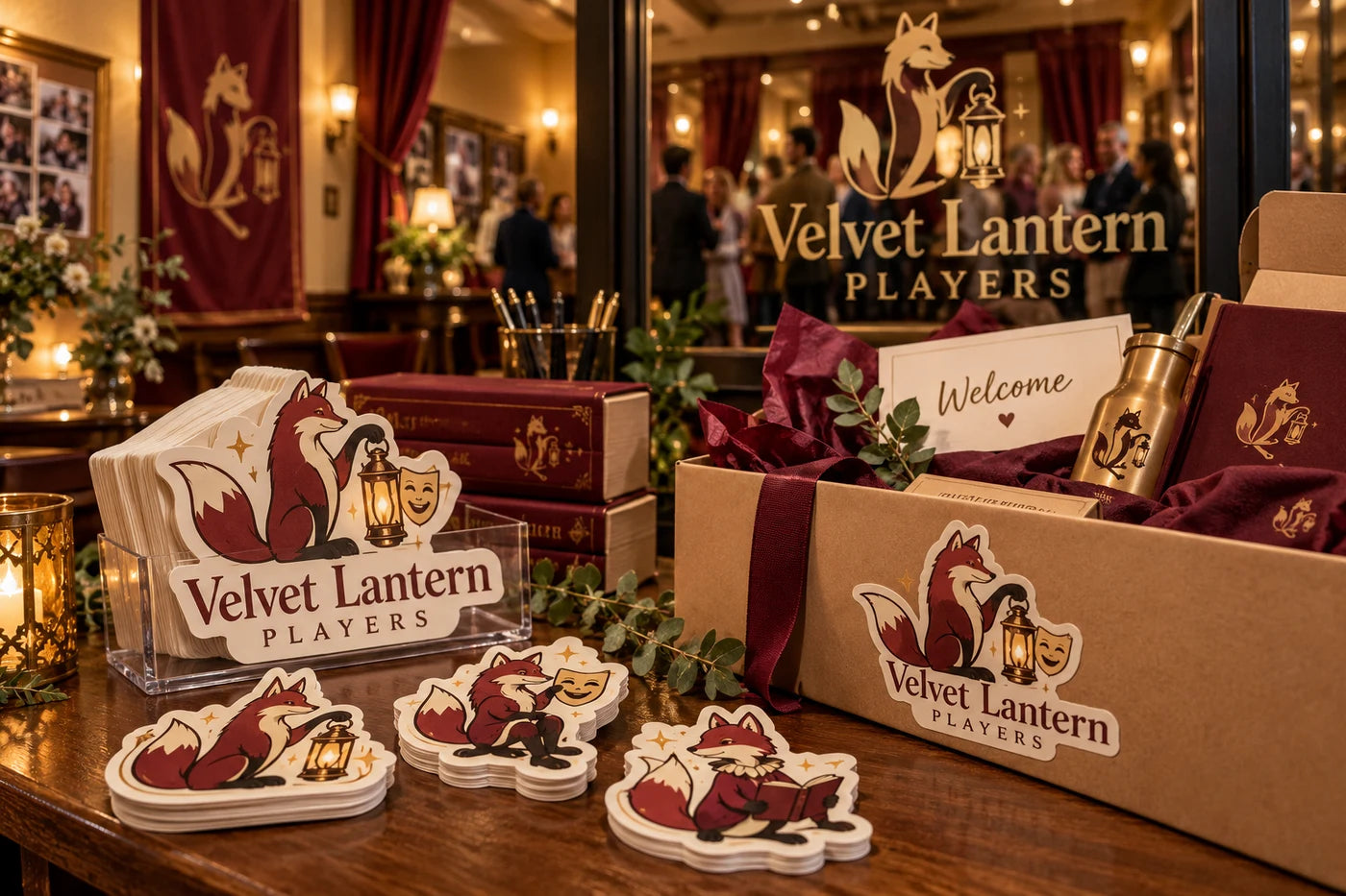 Velvet Lantern Players fictional example storefront with custom lettering and stickers