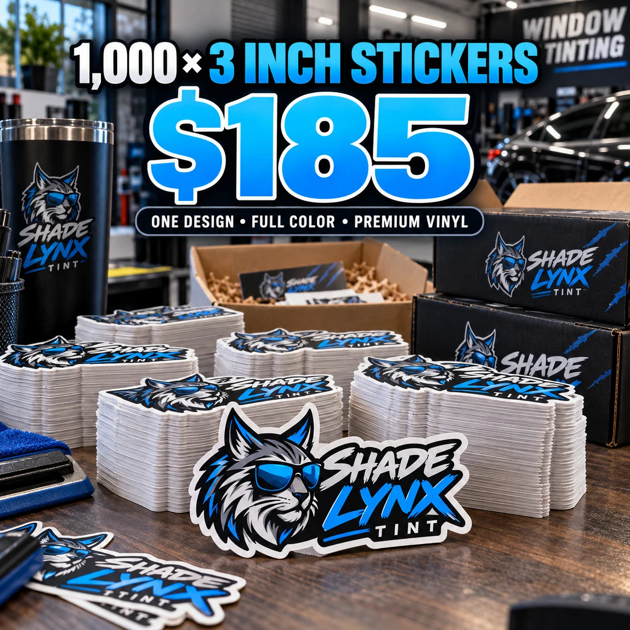 Shade Lynx Tint fictional example: 1000 custom 3 inch stickers for $185