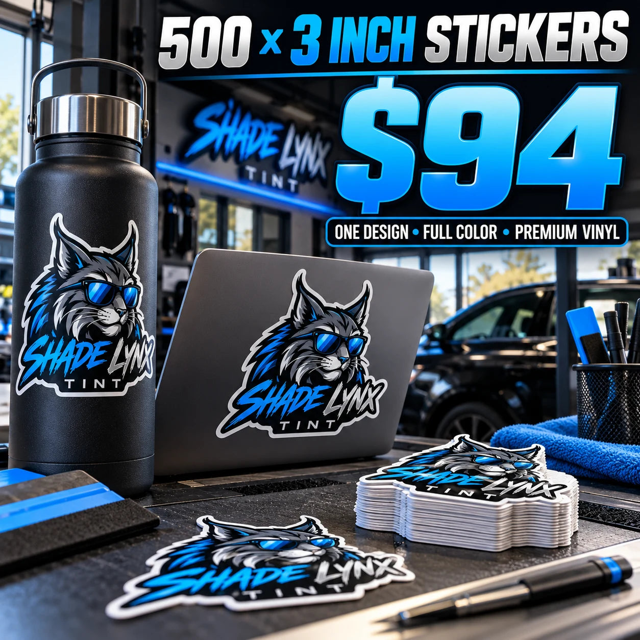 Shade Lynx Tint fictional example: 500 custom 3 inch stickers for $94