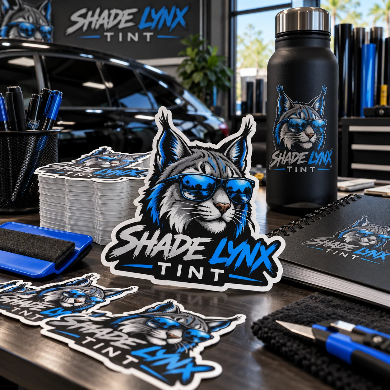 Shade Lynx Tint fictional example storefront with custom lettering and stickers
