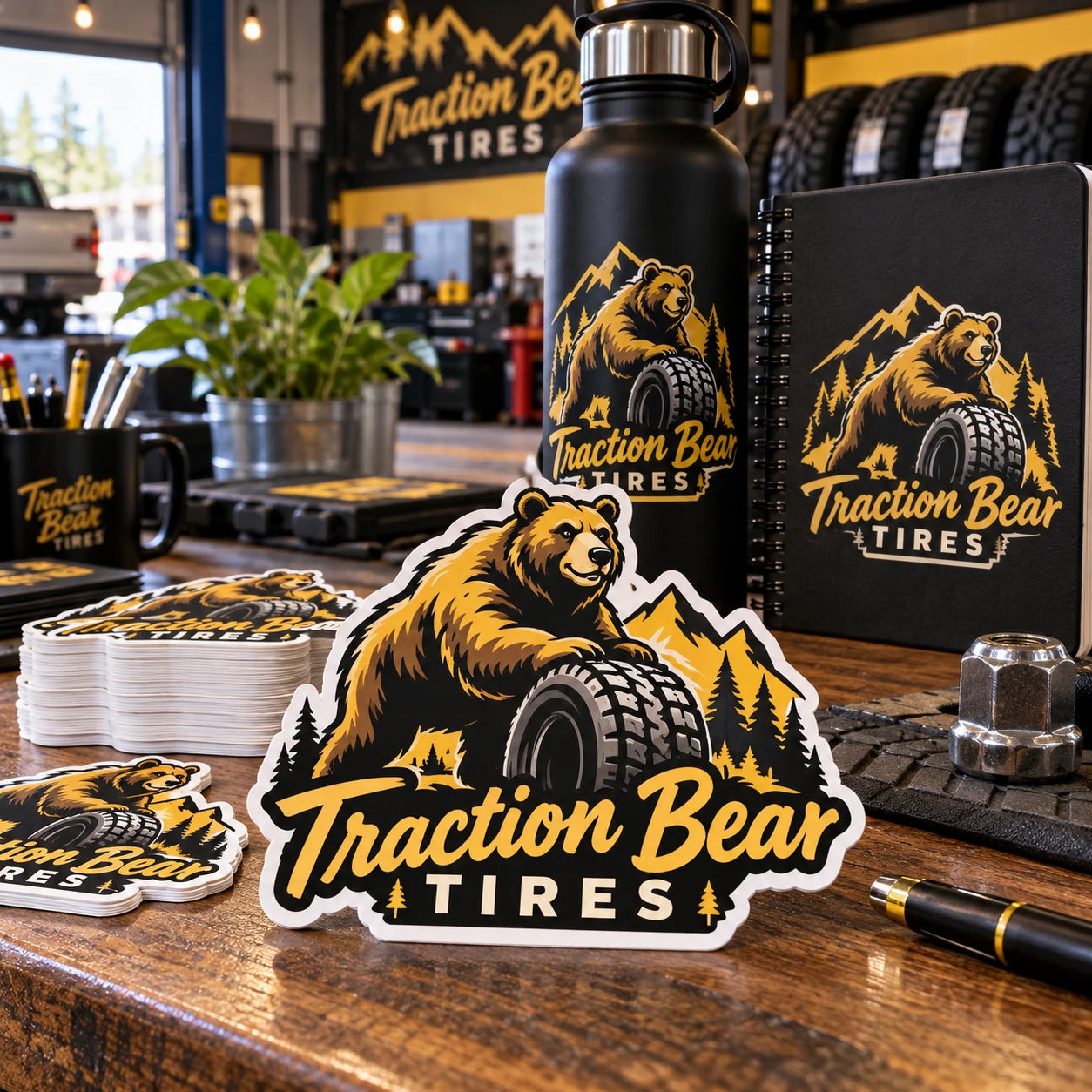 Traction Bear Tires fictional example storefront with custom lettering and stickers
