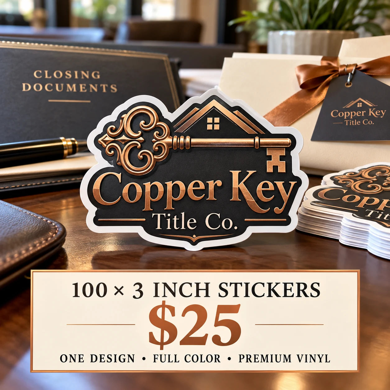 Copper Key Title Co. fictional example: 100 custom 3 inch stickers for $25