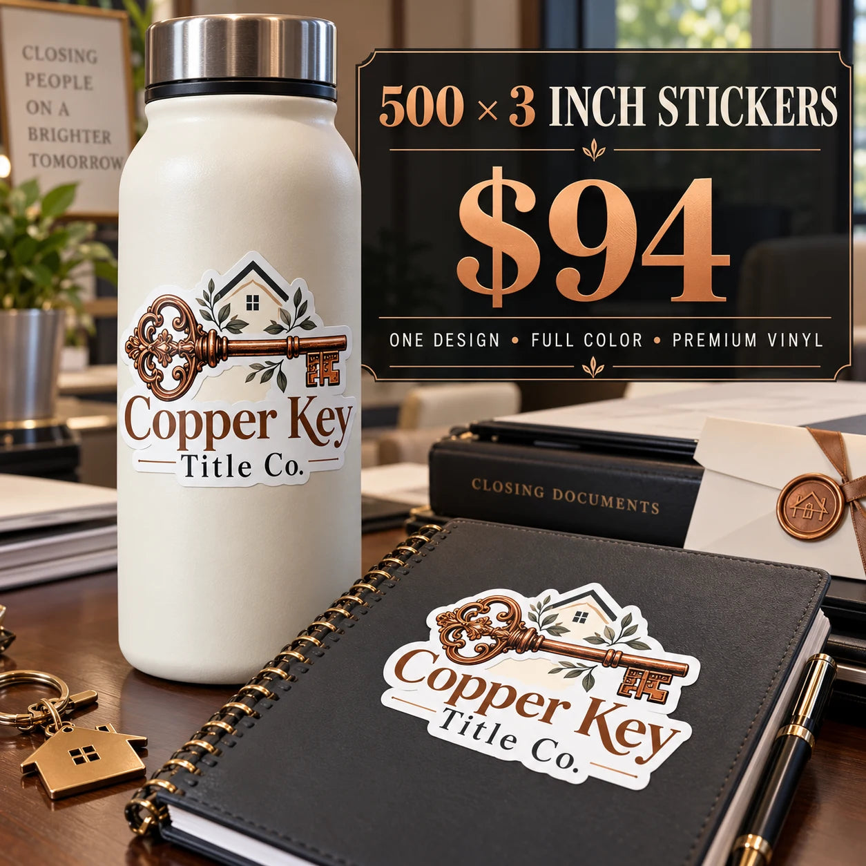 Copper Key Title Co. fictional example: 500 custom 3 inch stickers for $94