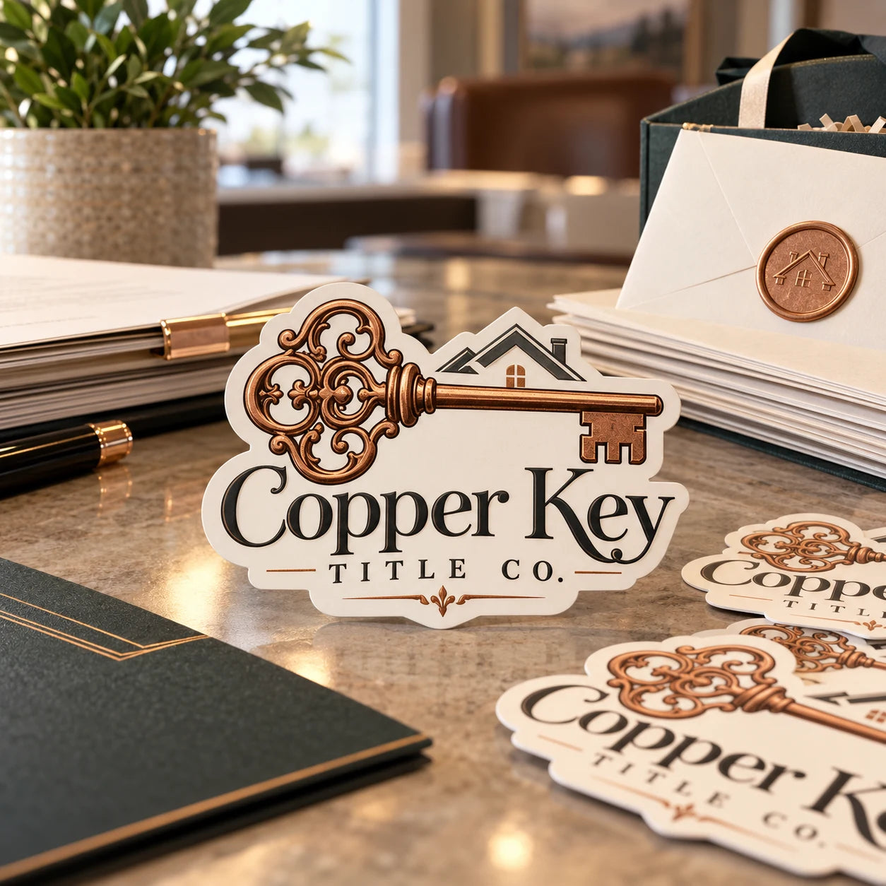 Copper Key Title Co. fictional example storefront with custom lettering and stickers
