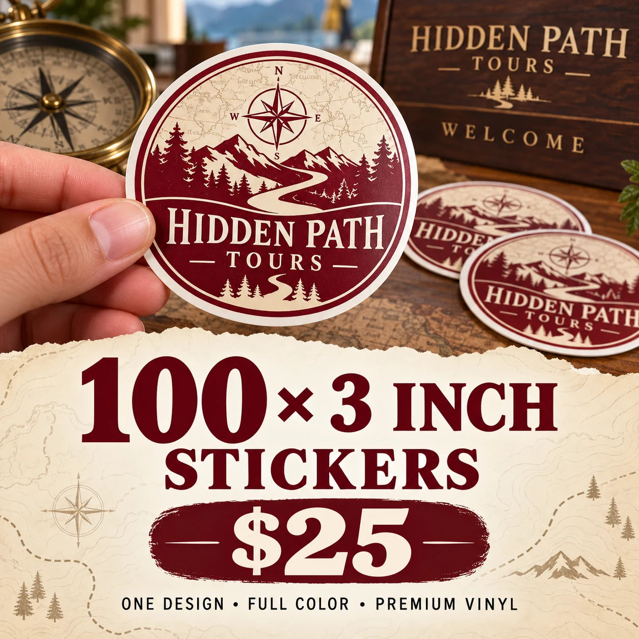 Hidden Path Tours fictional example: 100 custom 3 inch stickers for $25