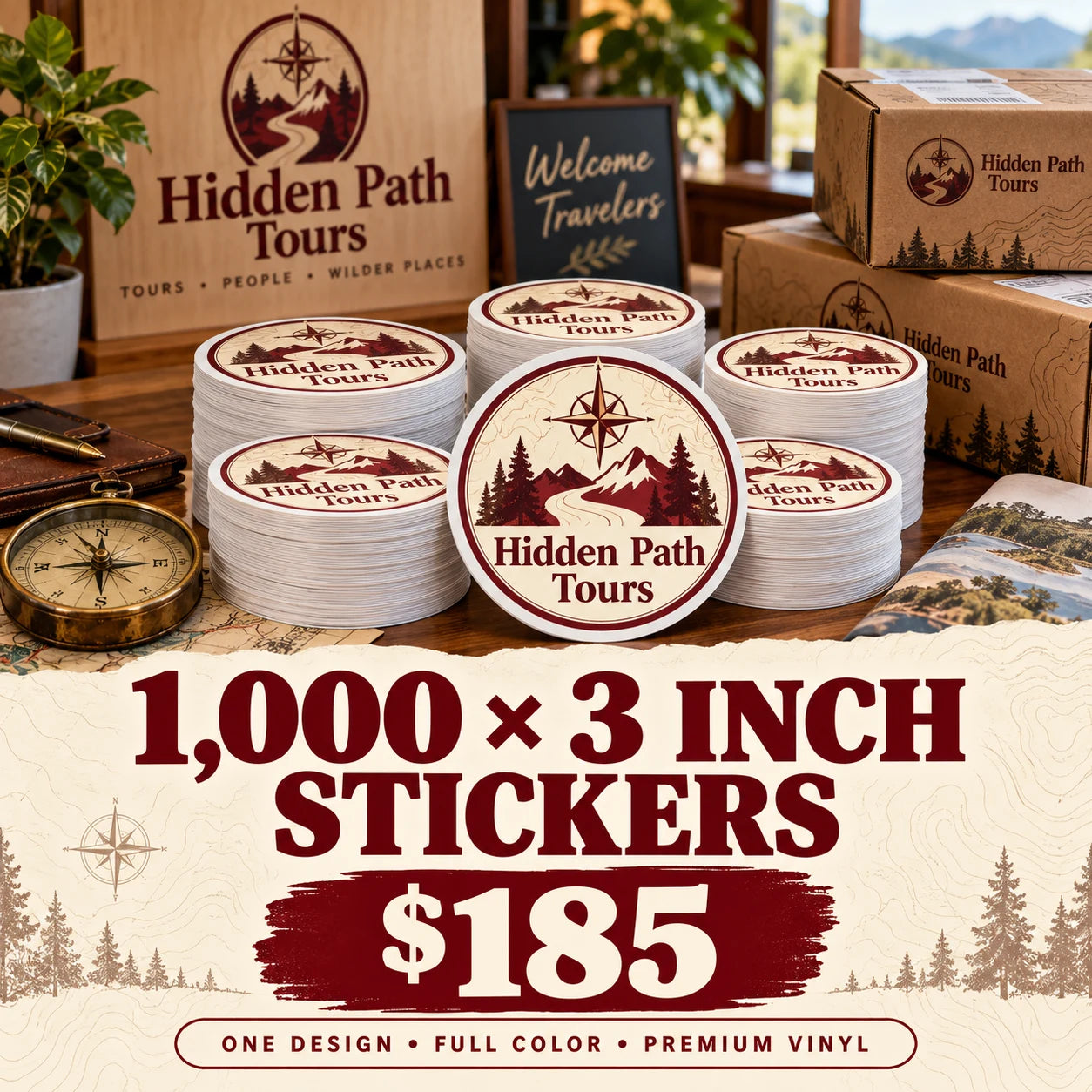 Hidden Path Tours fictional packaging and sticker ideas