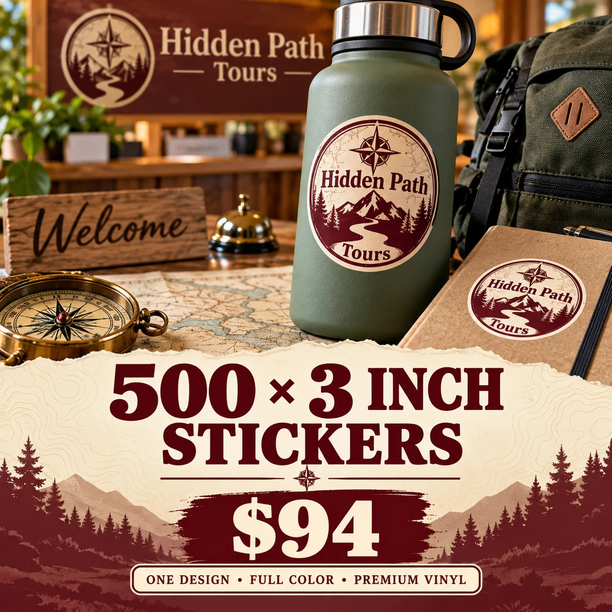 Hidden Path Tours fictional example: 500 custom 3 inch stickers for $94