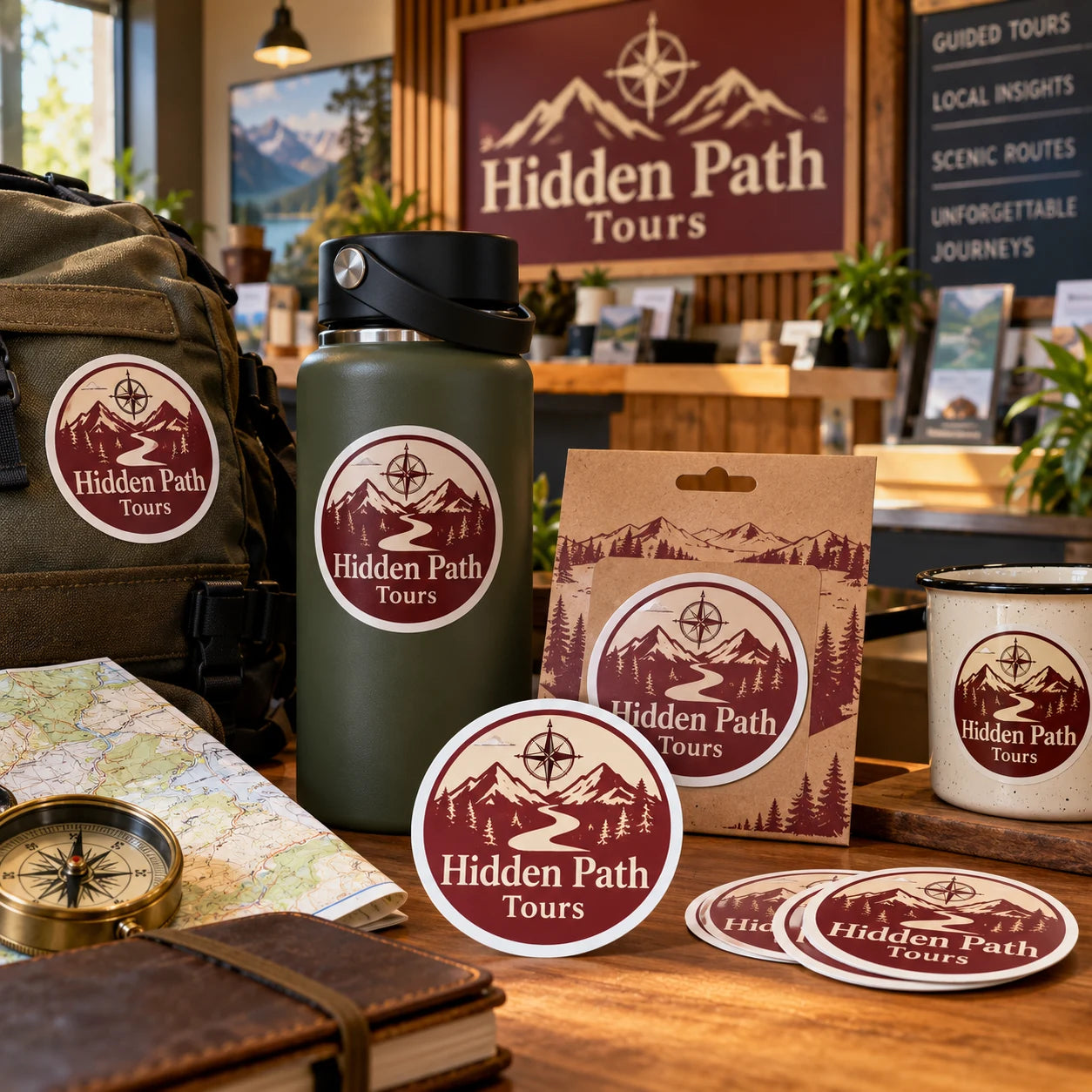 Hidden Path Tours fictional example storefront with custom lettering and stickers